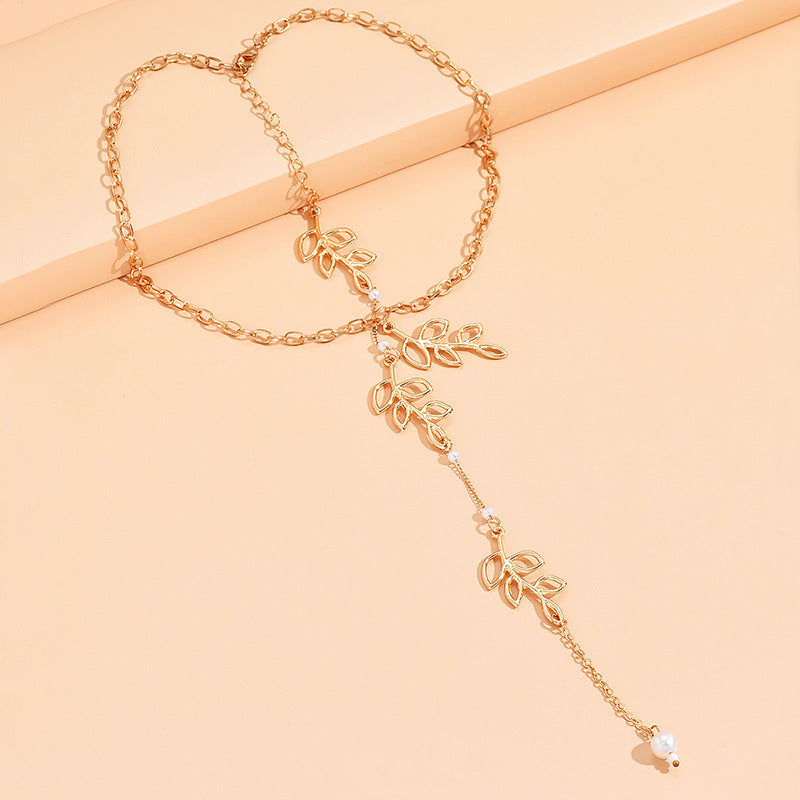 Leaf & Bead Decor Back Necklace | Wedding Leaf Necklace| Backdrop Leaf Necklace Pearl | Crystal Backdrop Necklace