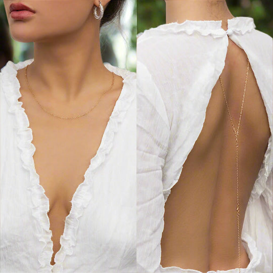 A two-part image showing a white back chain necklace worn over a low-cut top. The necklace has a gold-colored chain with a single pearl Y-shaped pendant at the center, and it is displayed from two different angles.