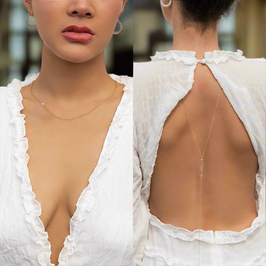 A two-part image showing the back view of a woman wearing a white, ruffled neckline top and a simple crystal back chain necklace.