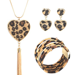 3 Pcs Leather Cuff Leopard Heart Shape Set | 3 Pieces Jewelry Set | Leather Heart Necklace | Necklace and Bracelet Set
