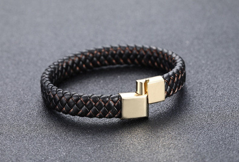 European Men Fashion Leather Braided Bracelet Stainless Steel Gold Clasp | Men Fashion Jewelry |Leather Bracelet | Handmade Leather Bracelet