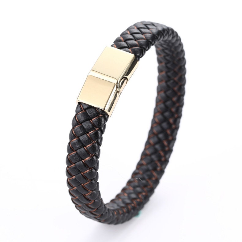 European Men Fashion Leather Braided Bracelet Stainless Steel Gold Clasp | Men Fashion Jewelry |Leather Bracelet | Handmade Leather Bracelet