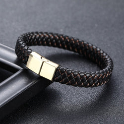 European Men Fashion Leather Braided Bracelet Stainless Steel Gold Clasp | Men Fashion Jewelry |Leather Bracelet | Handmade Leather Bracelet