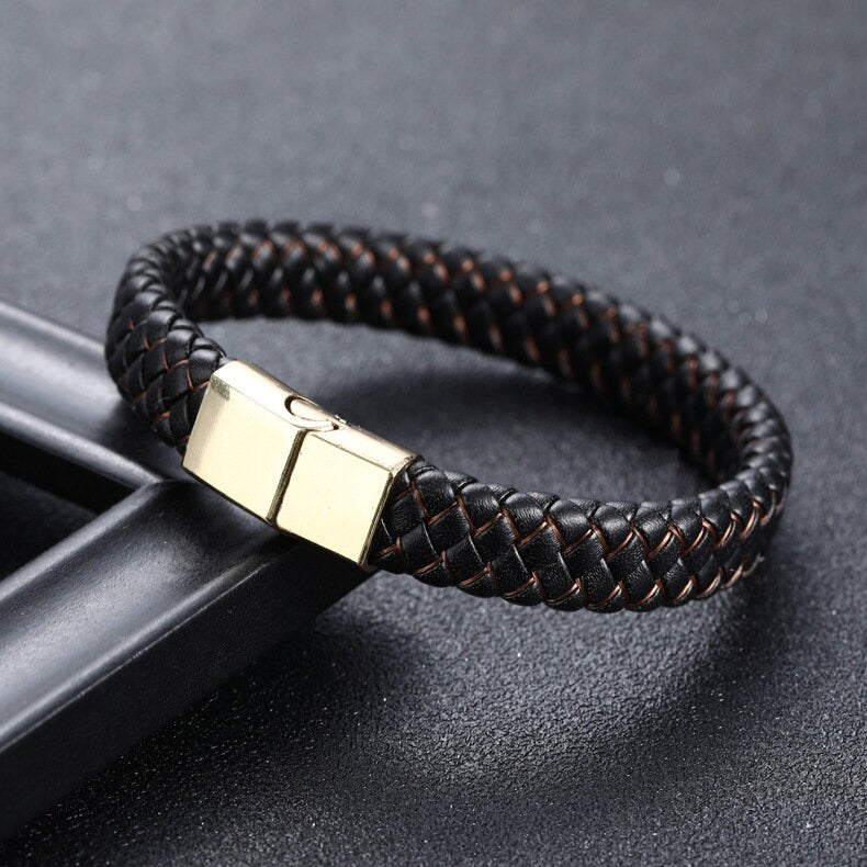 Leather Braided Men's Bracelet - Black Gold Bracelet for Men - Nadin Art  Design - Personalized Jewelry