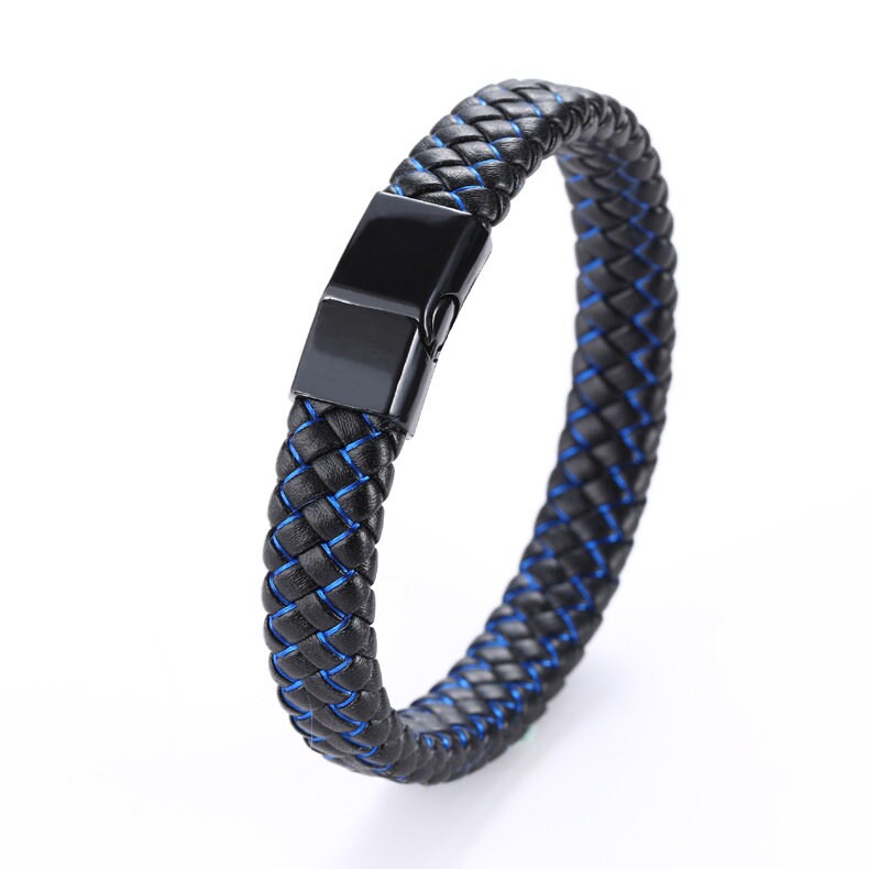 Men's Blue Braided Leather Bracelet – Steel Clasp European Style