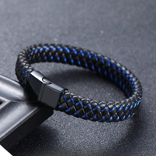 Men's Blue Braided Leather Bracelet – Steel Clasp European Style