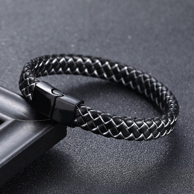 European Men Fashion Leather Braided Bracelet Stainless Steel Black OR Silver Clasp | Leather Braided Bracelet for Men | Leather Bracelet