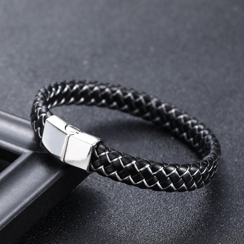 Men's Black Braided Leather Bracelet – Steel Clasp European Style