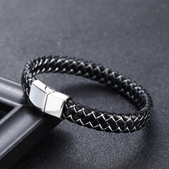 Men's Black Braided Leather Bracelet – Steel Clasp European Style