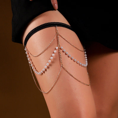 3 Layered Pearl Leg Chain - Bohemian Layered Pearl Chain - Bikini Beach Body Jewelry