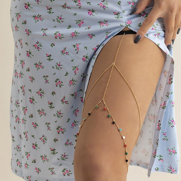 Dainty Chic Womens Cowry Pendant Thigh Leg Chain - Bikini Beach Harness Body Chain - Body Jewelry Accessories for Women - Gold