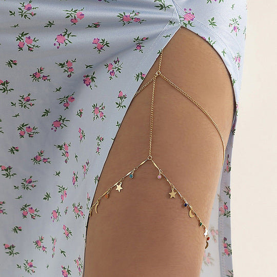 Star Moon Pendant Leg Chain - Celestial Beaded Body Jewelry