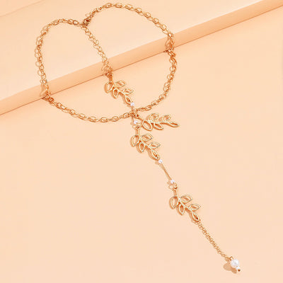 Leaf & Bead Decor Back Necklace - Wedding Leaf Necklace - Backdrop Leaf Necklace Pearl