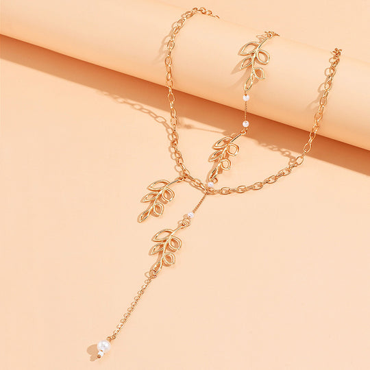 Leaf & Bead Decor Back Necklace - Wedding Leaf Necklace - Backdrop Leaf Necklace Pearl