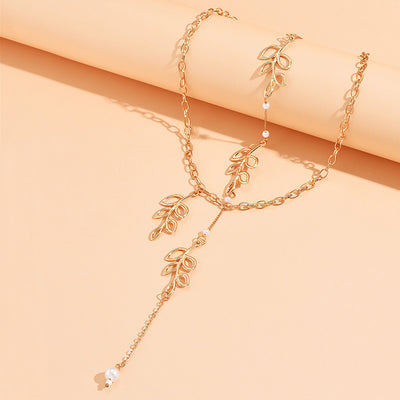 Leaf & Bead Decor Back Necklace - Wedding Leaf Necklace - Backdrop Leaf Necklace Pearl