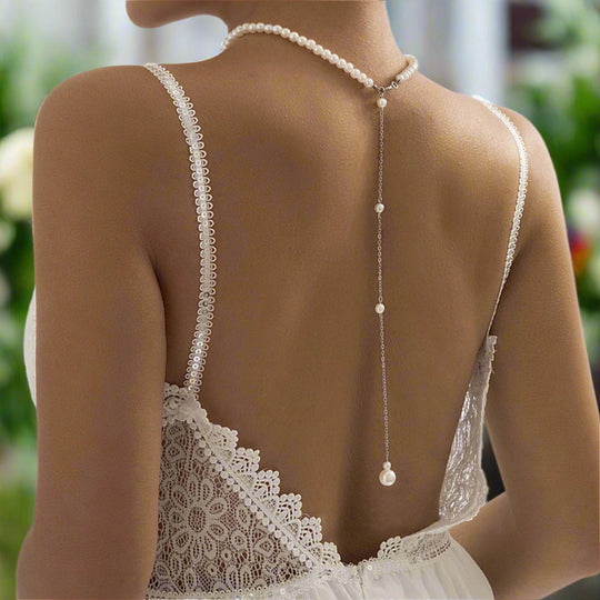 Pearl Back Necklace Sliding Back Chain - Lariat Back Pendant - Gift for Brides