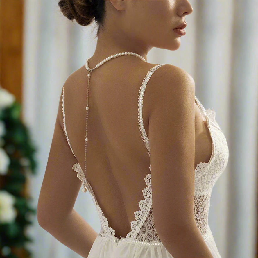 Pearl Back Necklace Sliding Back Chain - Lariat Back Pendant - Gift for Brides