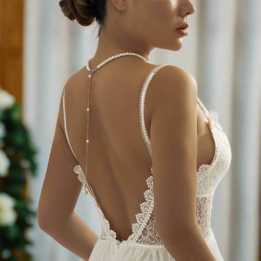 Pearl Back Necklace Sliding Back Chain - Lariat Back Pendant - Gift for Brides