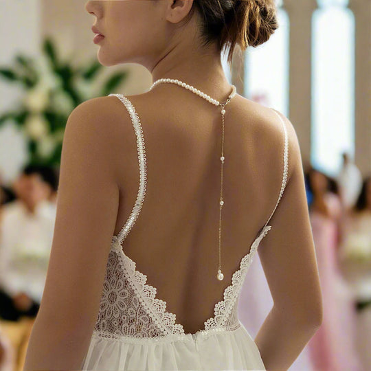 Pearl Back Necklace Sliding Back Chain - Lariat Back Pendant - Gift for Brides